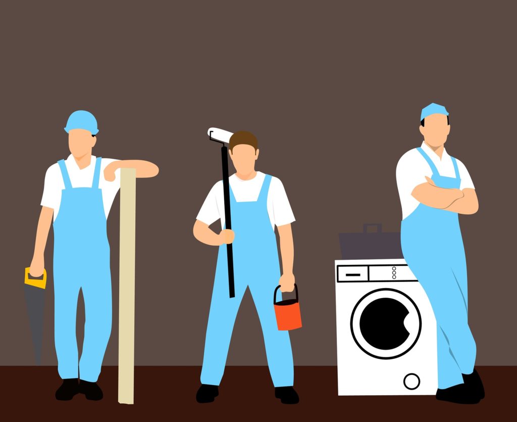 three animated handymen holding tools