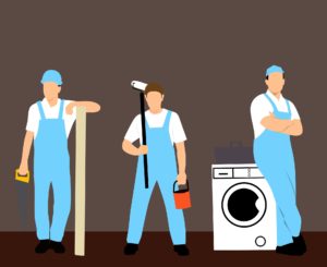 three animated handymen holding tools