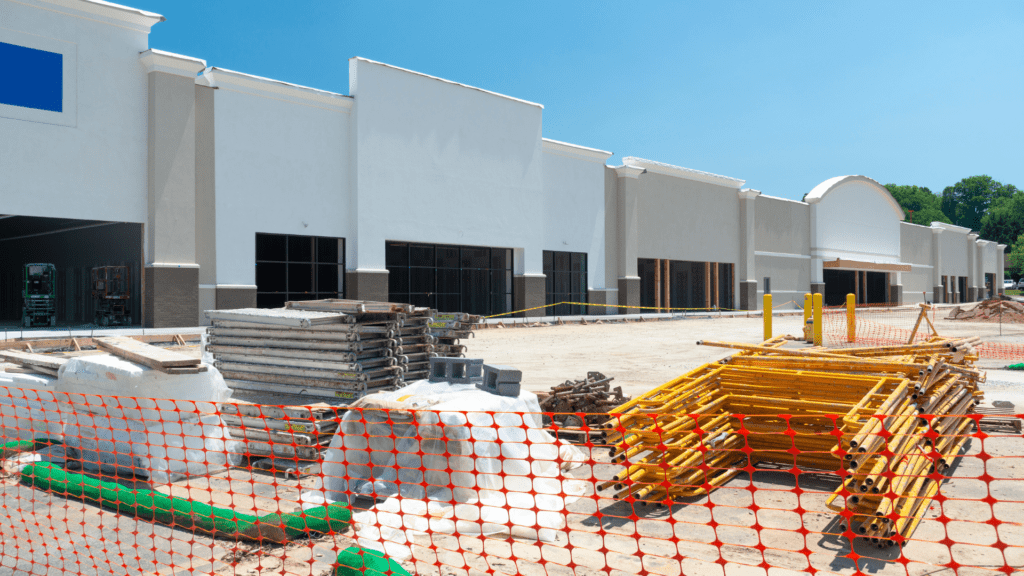 Commercial building under construction, scaffolding and materials on site.