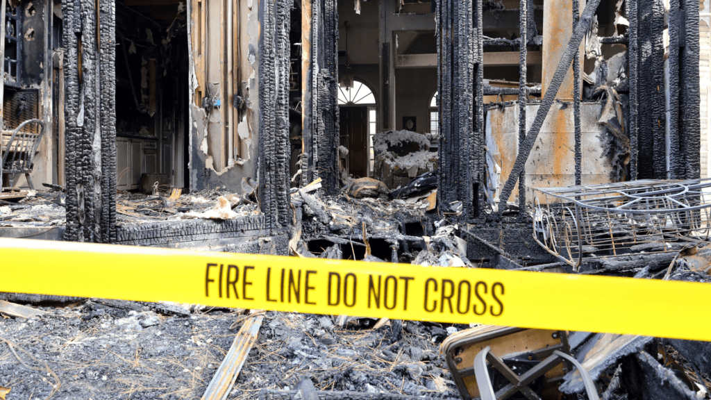 Fire damage restoration in Pittsburgh: Burned building behind "FIRE LINE DO NOT CROSS" tape.