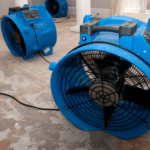 Blue air movers used for fire damage mitigation and restoration in Pittsburgh.