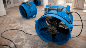 Blue air movers used for fire damage mitigation and restoration in Pittsburgh.