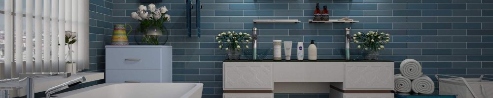 blue tile walled bathroom with white bathtub and sink blue tile walled bathroom with white bathtub and sink
